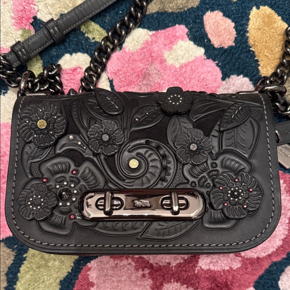 Authentic Coach Black leather Floral Embossed Leather Bag